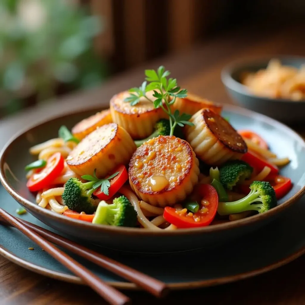 Fishcakes and scallops stir fry recipe with colorful vegetables in a bowl