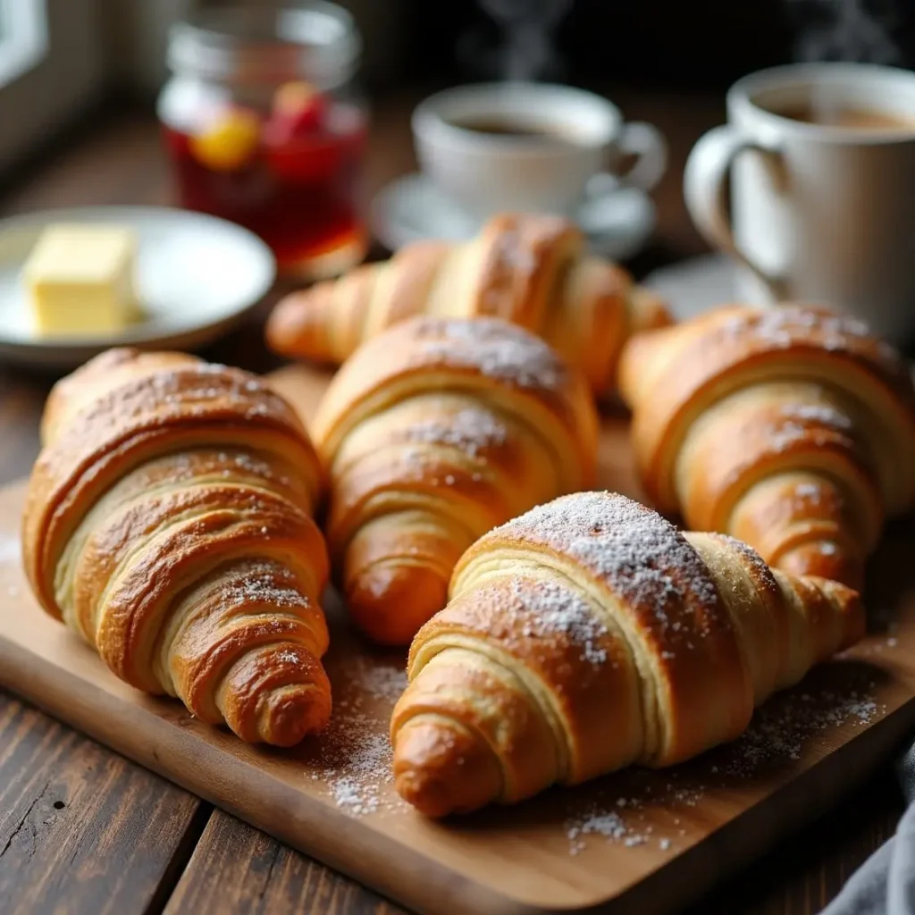 Golden, crescent-shaped Gipfeli sprinkled with powdered sugar, fresh out of the oven.
