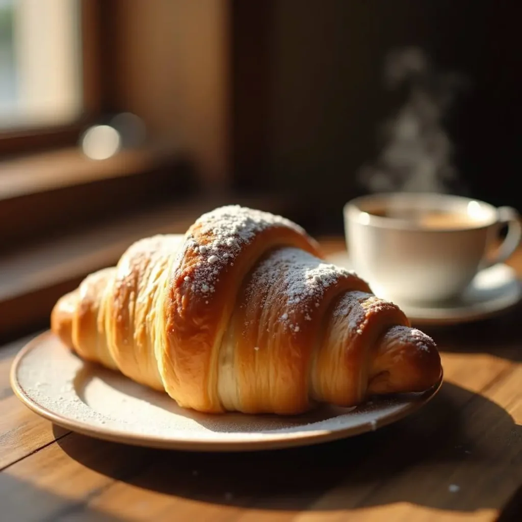 Homemade Swiss croissant on a wooden board with a golden, crispy crust – Easy croissant recipe.