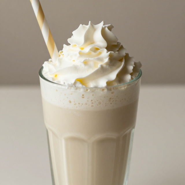 Protein milkshake in a tall glass topped with whipped cream and a straw