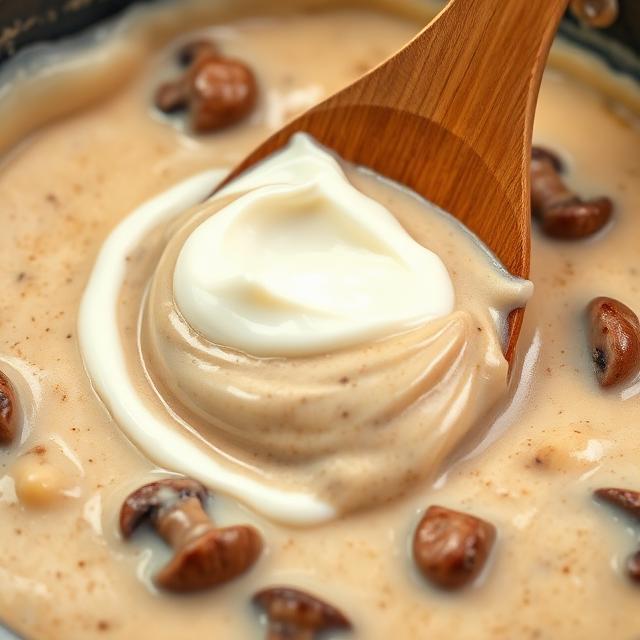 Stirring sour cream into the stroganoff sauce