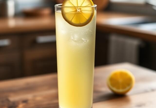 Glass of lemonade diet master cleanse drink with lemon slices on a wooden table