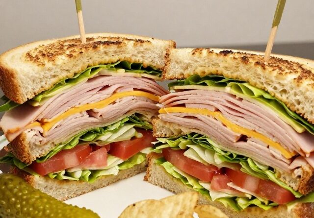 Club sandwich recipe cut into triangles with turkey, turkey ham, cheddar, lettuce, and tomato, served with a pickle and potato chips