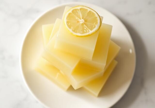 lemon gelatin weight loss recipe cut into cubes with lemon