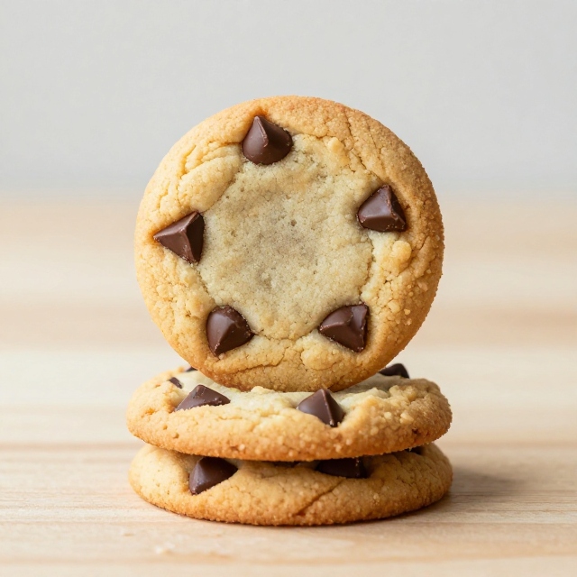 Stacked chocolate chip cookies with visible chocolate chips on a wooden surface