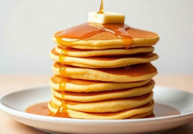Stack of golden hotcakes topped with butter and syrup