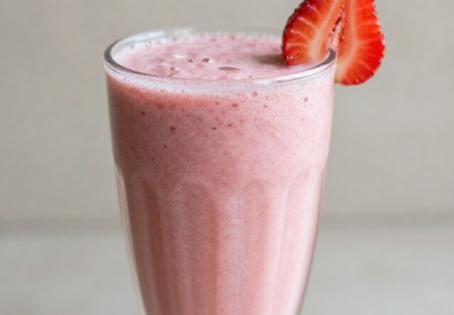 Strawberry banana smoothie in a glass garnished with a fresh strawberry slice