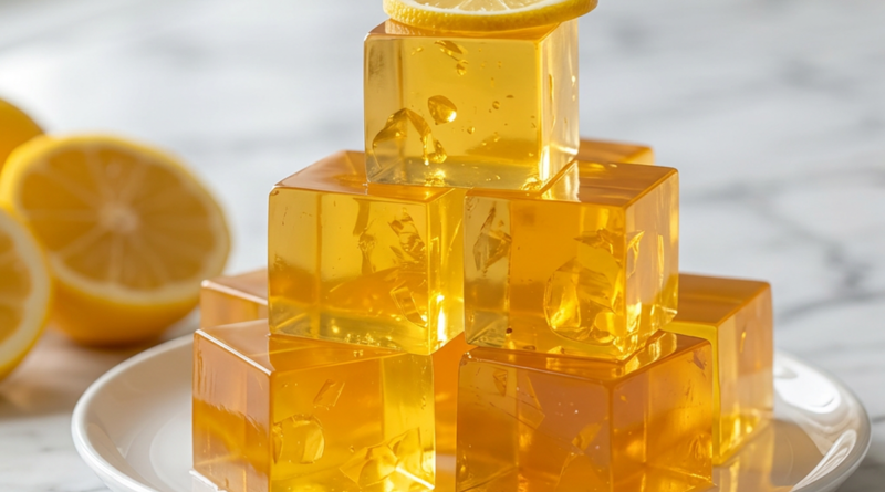3-ingredient gelatin recipe for weight loss cut into cubes with a lemon slice