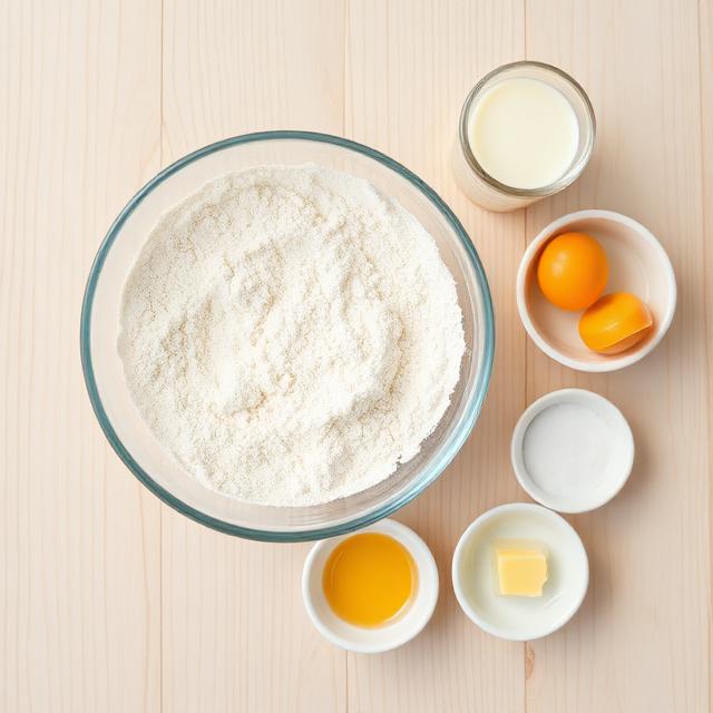 Flat lay of easy hotcake recipe ingredients including flour, buttermilk, eggs, and melted butter