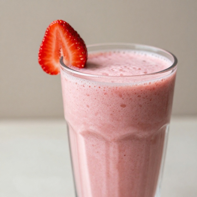 Strawberry banana smoothie in a glass garnished with a fresh strawberry slice