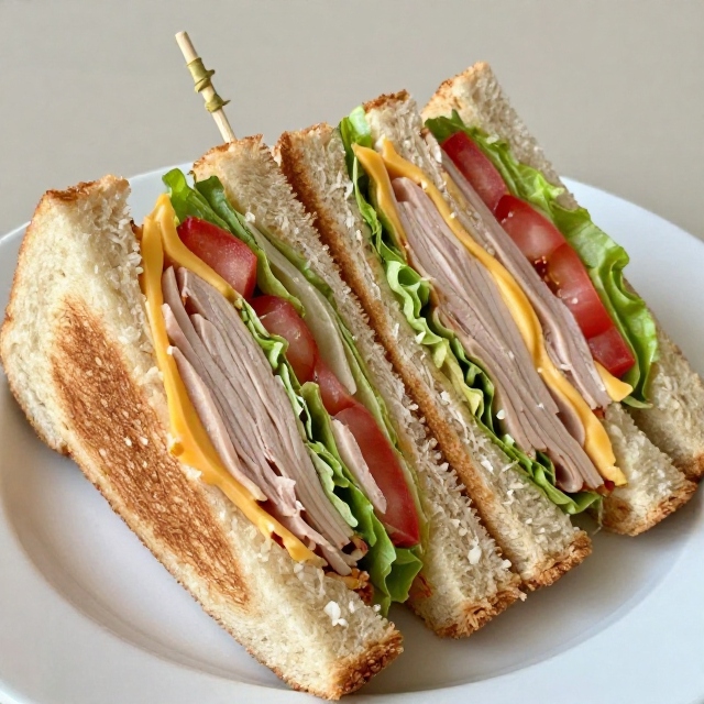 Club sandwich recipe triangle showing turkey, turkey ham, cheddar, lettuce, and tomato layers, secured with a toothpick