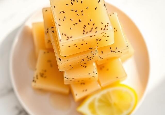 chia gelatin weight loss recipe cut into cubes with chia seeds