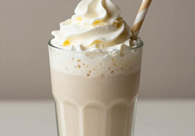 Protein milkshake in a tall glass topped with whipped cream and a straw