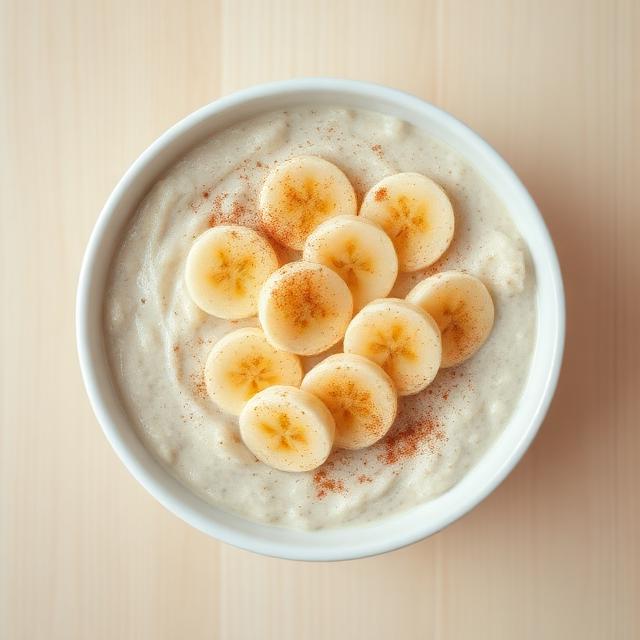 Bowl of protein overnight oats topped with banana slices