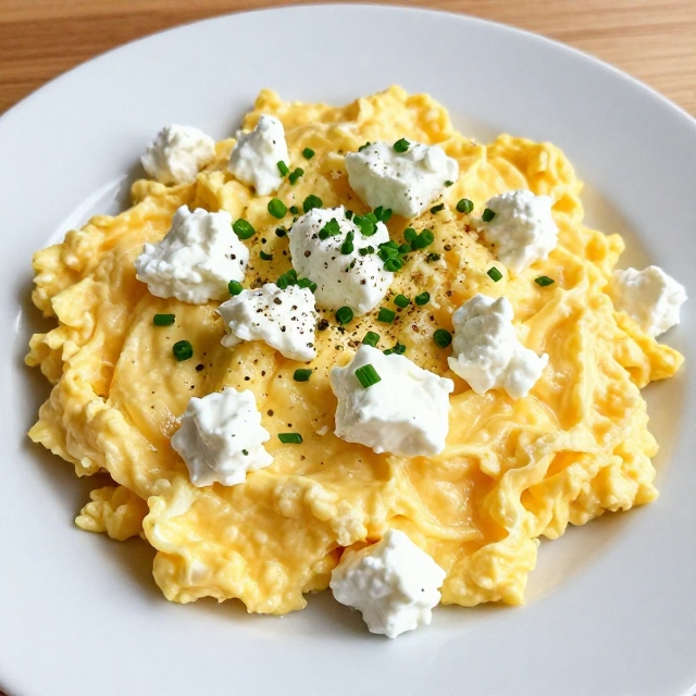 Creamy scrambled eggs with cottage cheese on a white plate
