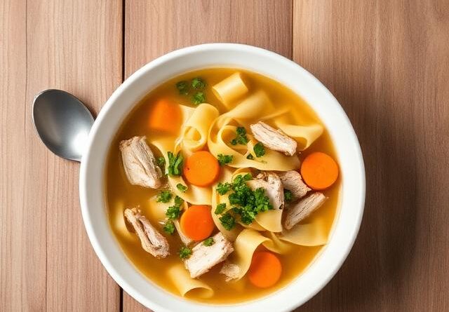 Chicken noodle soup recipe in a bowl with shredded chicken, carrots, and egg noodles