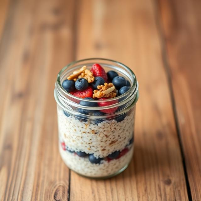 Finished jar of overnight oats with fruit and nuts on top