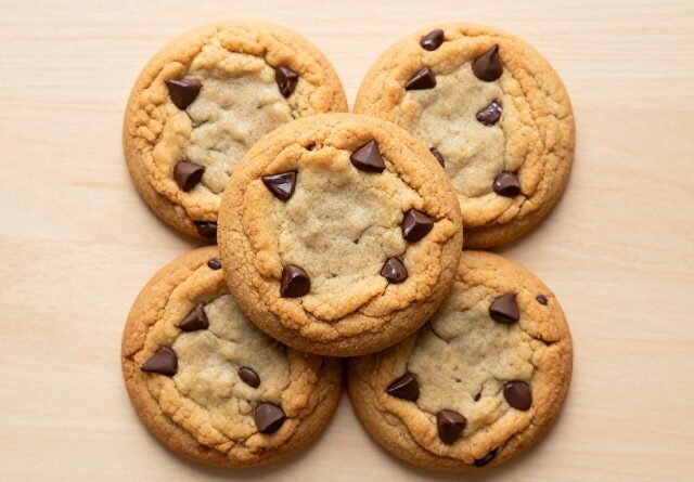 Stack of chocolate chip cookies with melted chocolate chips on a wooden surface