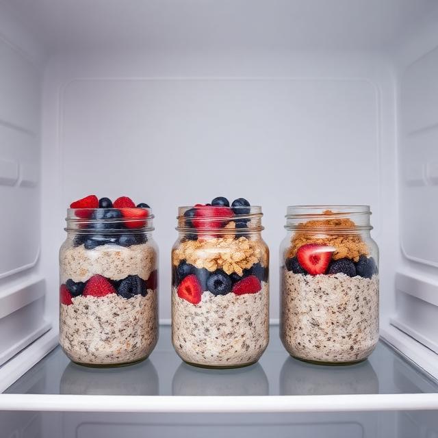 Overnight oats jars lined up in the refrigerator