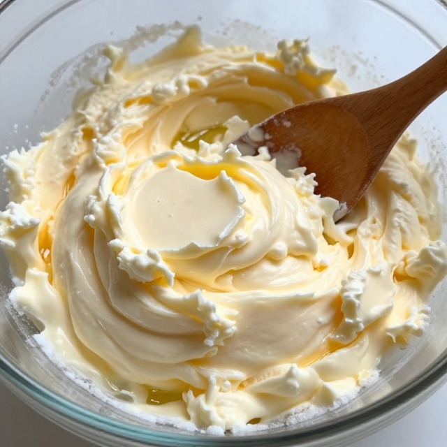 Close-up of creamed butter, oil, and sugar mixture in a glass mixing bowl, pale and fluffy texture, no text, no labels, no background drinks or glasses of liquid