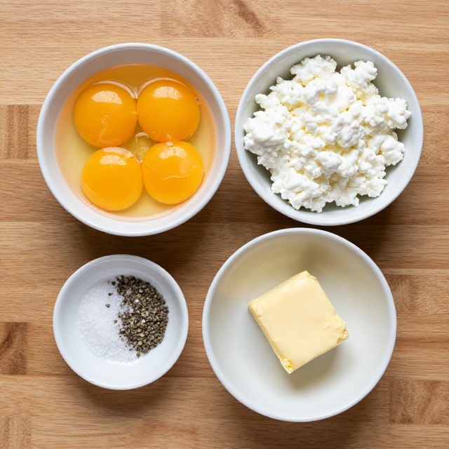 Flat lay of cottage cheese eggs ingredients in individual bowls on a light wooden surface, overhead angle, no text, no labels, no packaging, no brand names, no background drinks or glasses of liquid