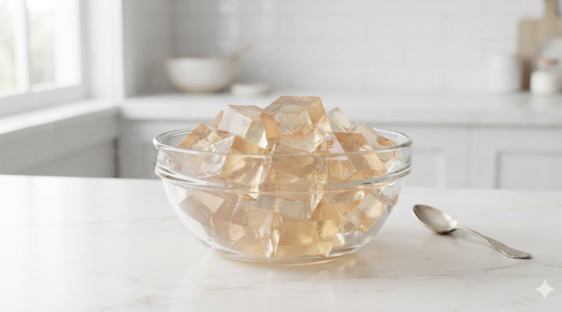 Bowl of clear gelatin cubes for weight loss recipe on white kitchen counter