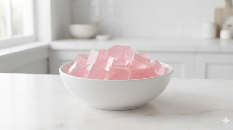 Pink gelatin cubes in white bowl, low-calorie dessert recipe