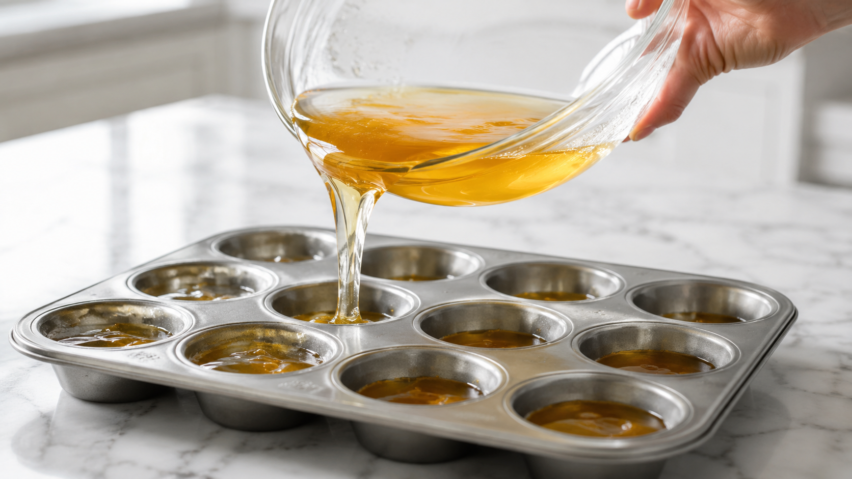 portioning bariatric gelatin recipe into a muffin tin