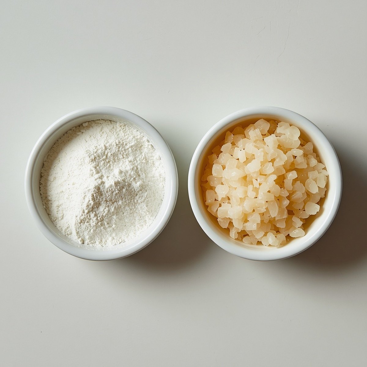 Pectin powder and gelatin granules side by side in white bowls