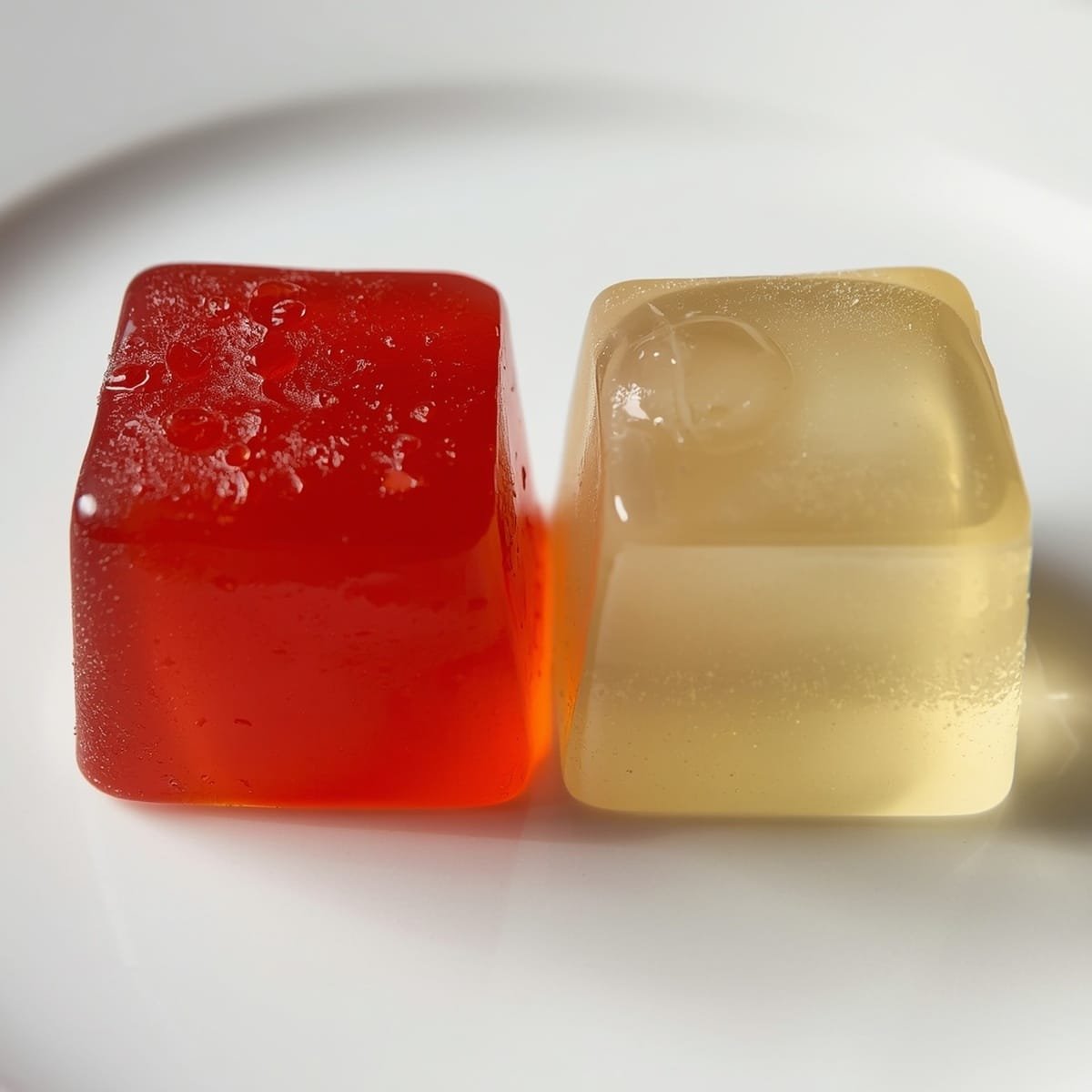 Close-up of firm pectin-set fruit jelly cubes next to soft elastic gelatin cubes on a plate, showing texture contrast