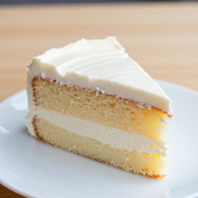 Slice of frosted vanilla cake with buttercream on a white plate