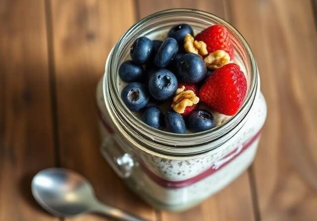 Jar of overnight oats with chia seeds and mixed berries on a wooden table