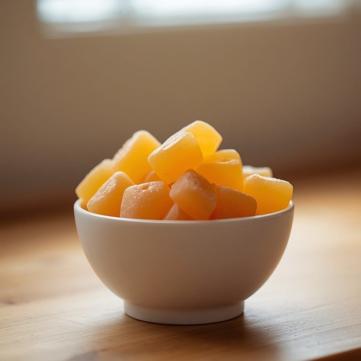 Bowl of finished apple cider vinegar gummies on a wooden counter