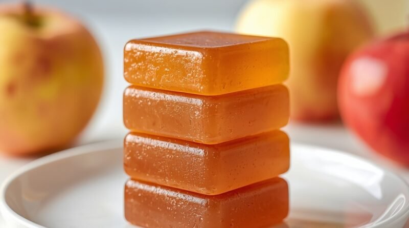 apple cider vinegar gummies stacked on a white plate