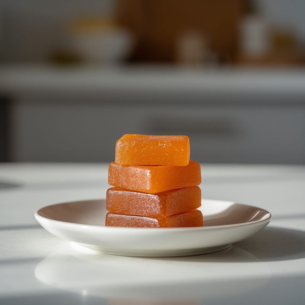 Homemade apple cider vinegar gummies stacked on a small plate
