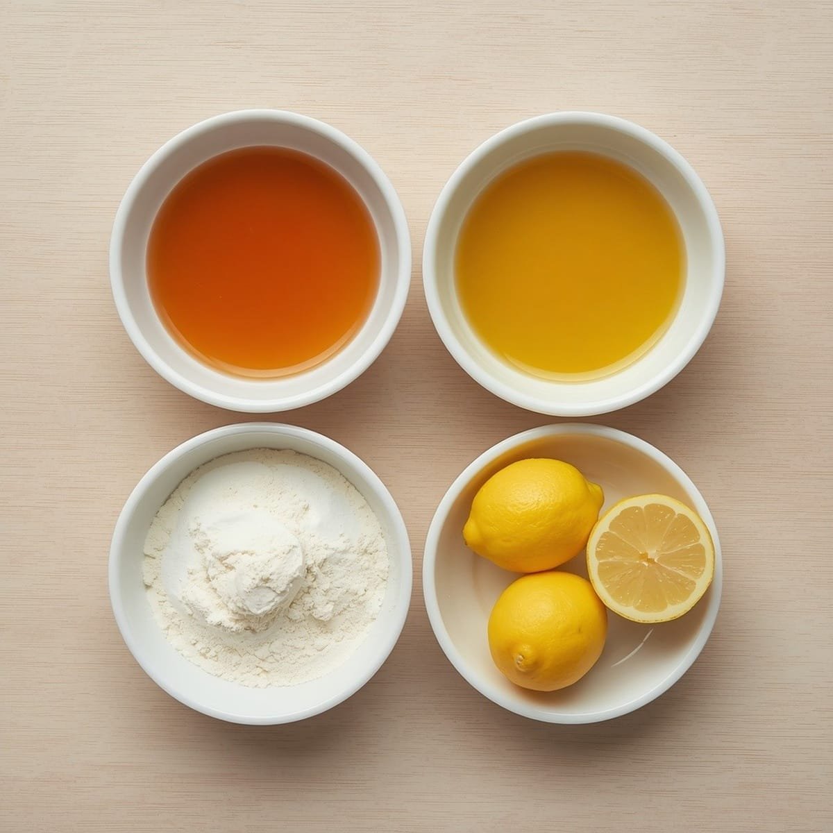 Flat lay of apple cider vinegar, honey, gelatin, and a lemon in separate bowls