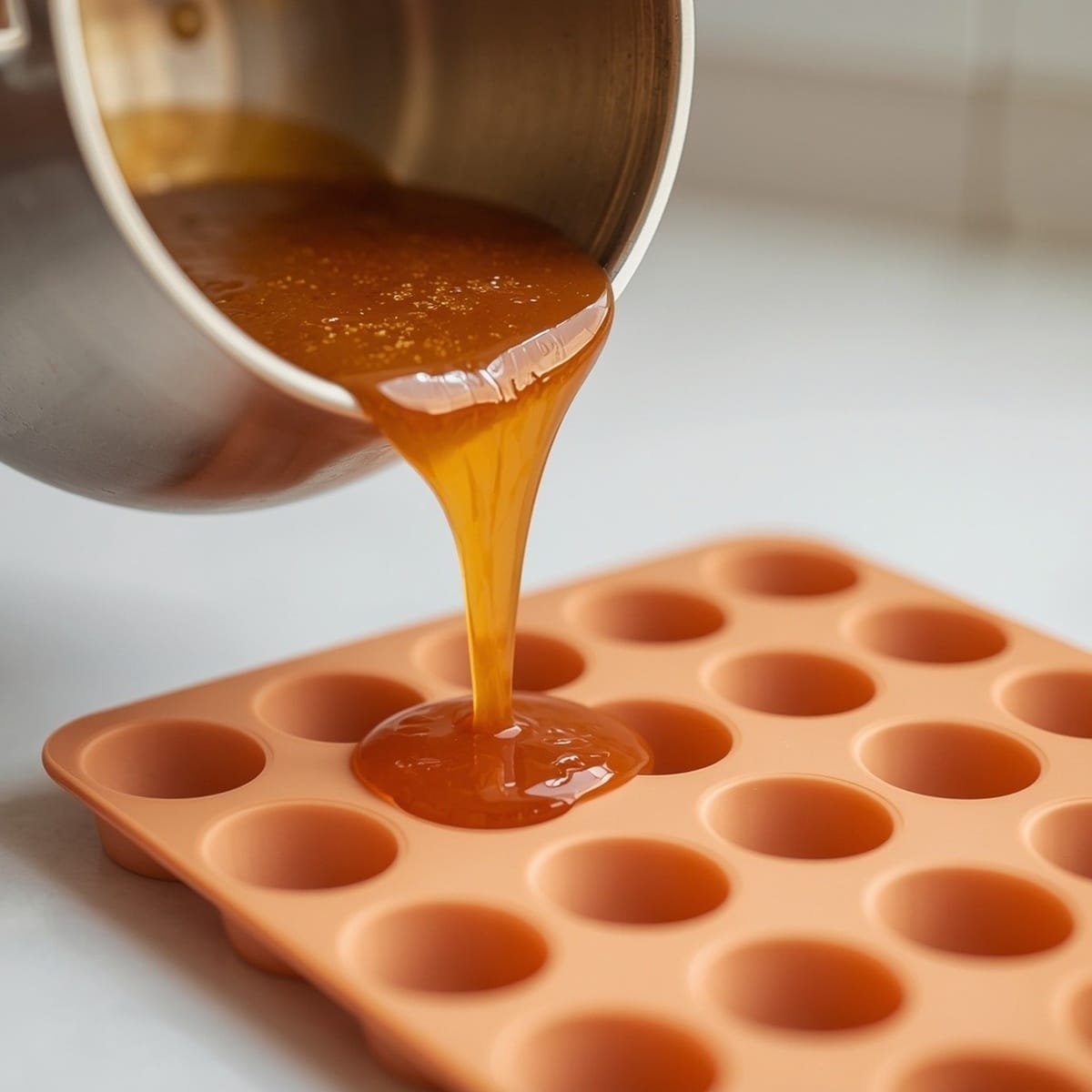 Gummy mixture being poured into a silicone mold
