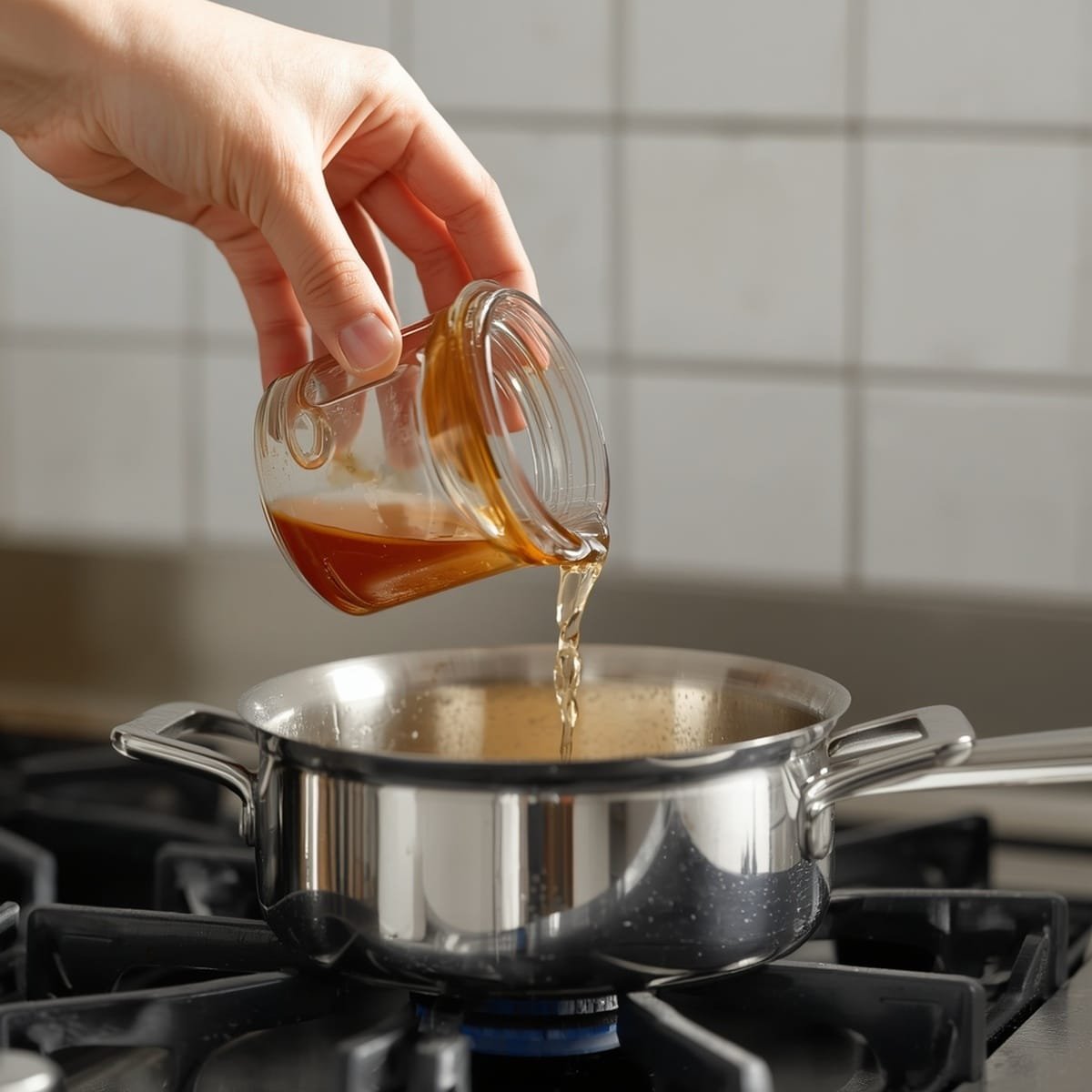 hand pouring apple cider vinegar mixture into a saucepan on the stove