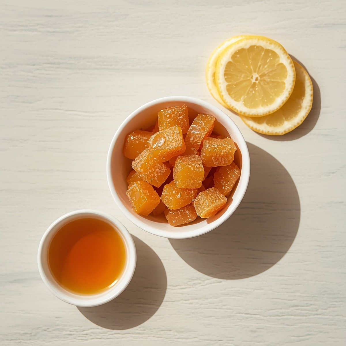 apple cider vinegar gummies in a bowl with lemon slices and vinegar