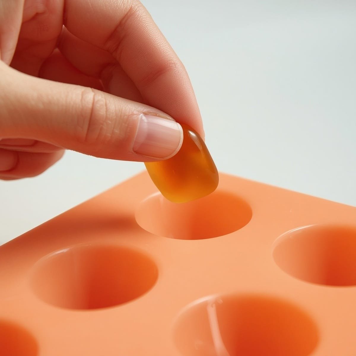 Hand removing a finished gummy from a silicone mold
