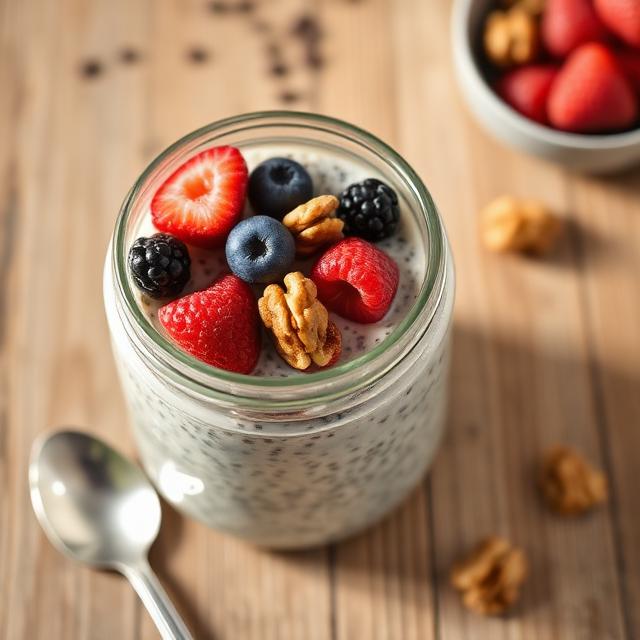 Overnight oats with chia seeds and berries in a mason jar, ready to eat