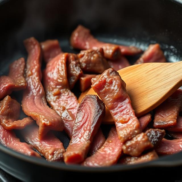 Searing beef strips for a beef stroganoff recipe in a hot skillet