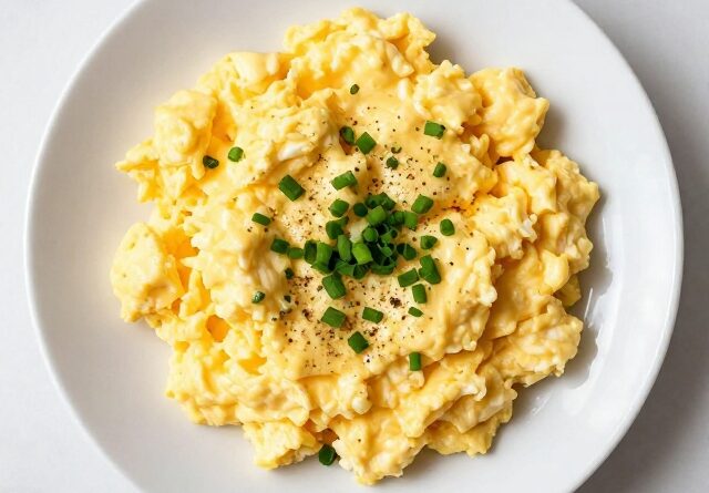Creamy scrambled eggs with cottage cheese, chives, and black pepper on a white plate