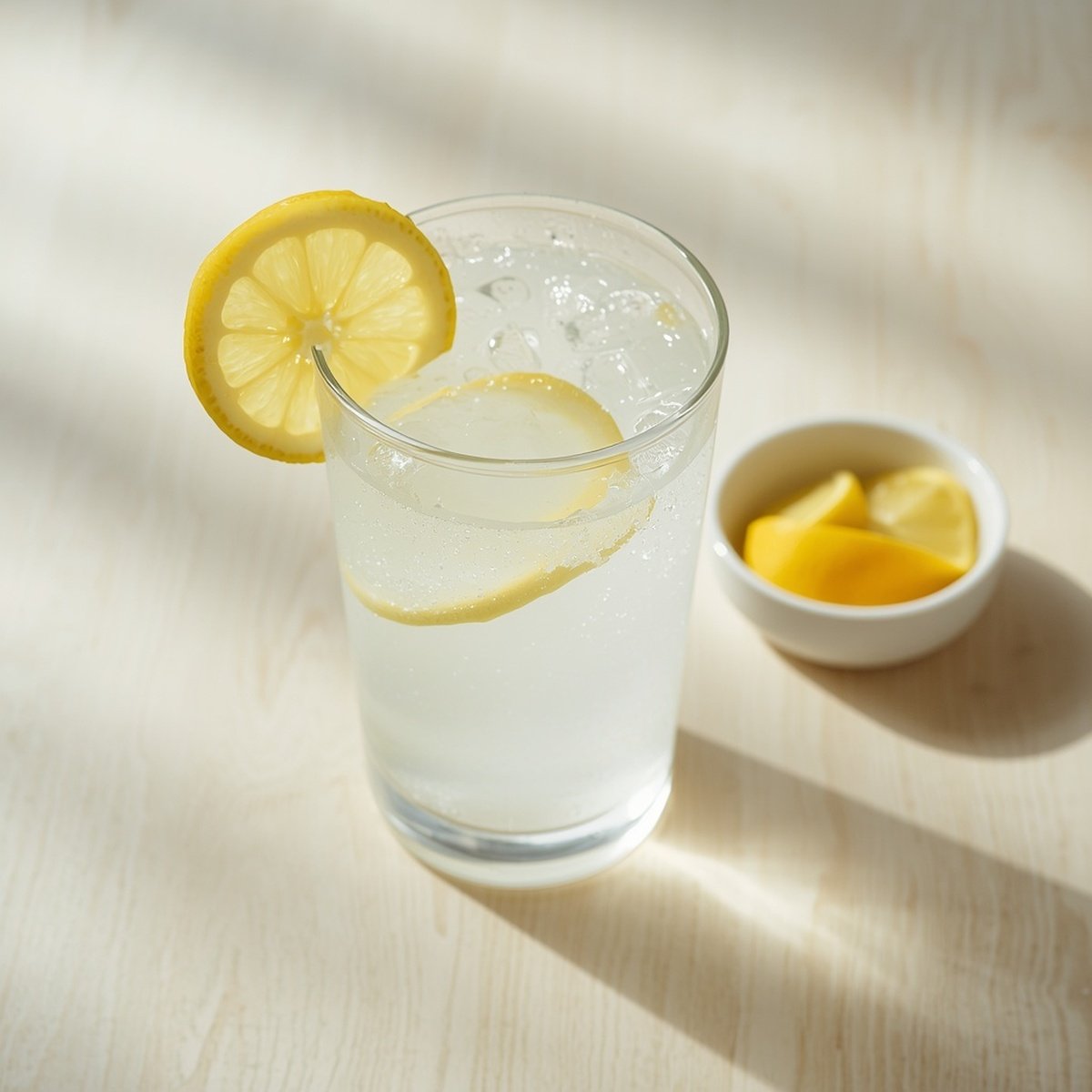glass of baking soda water with lemon slice and a bowl of lemon wedges