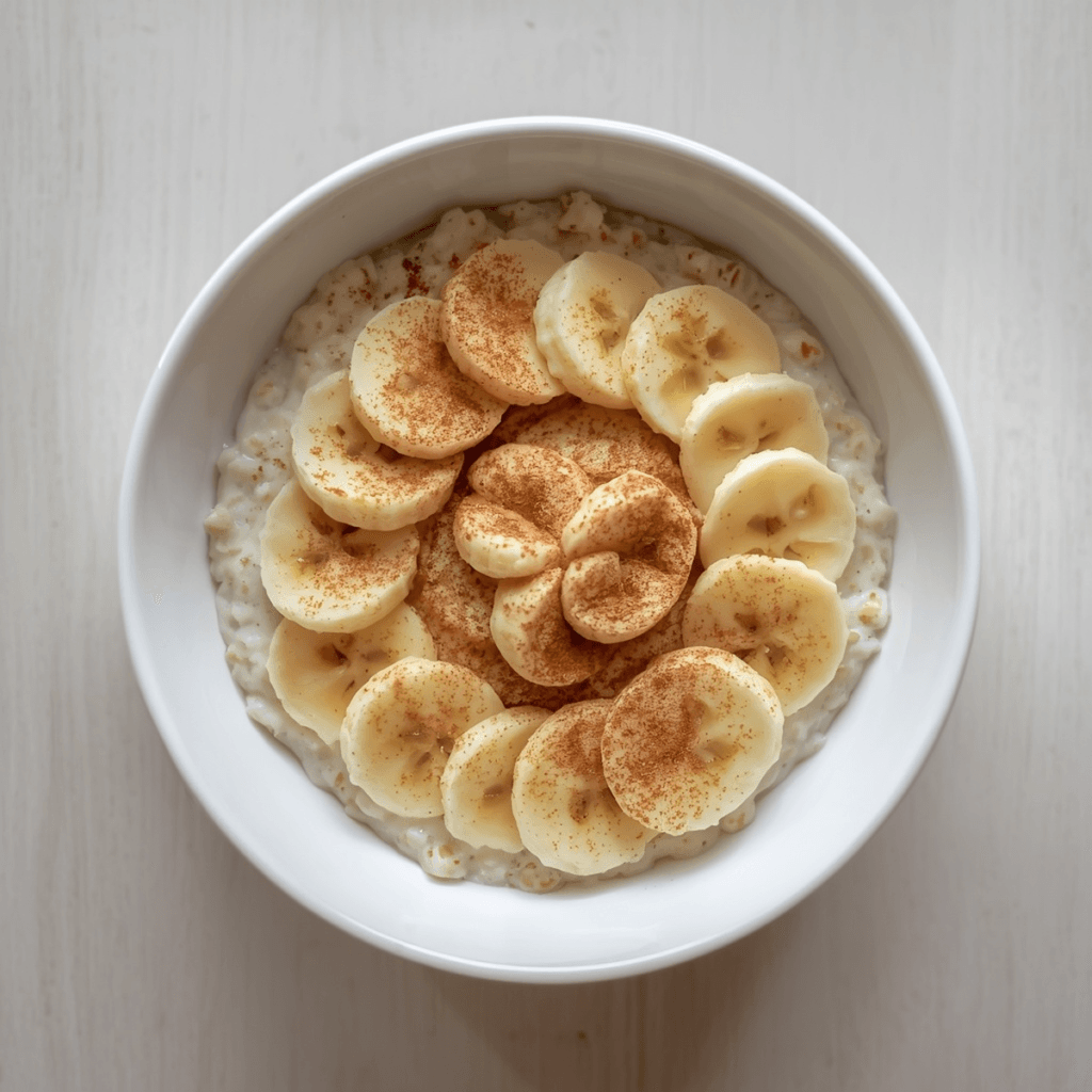 Square overhead shot of a white bowl filled with creamy oats, topped with banana slices arranged in a spiral, dusted with cinnamon
