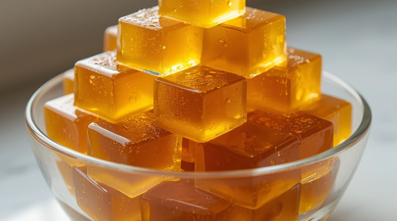 Bariatric gelatin recipe cut into cubes in a glass bowl on a marble countertop