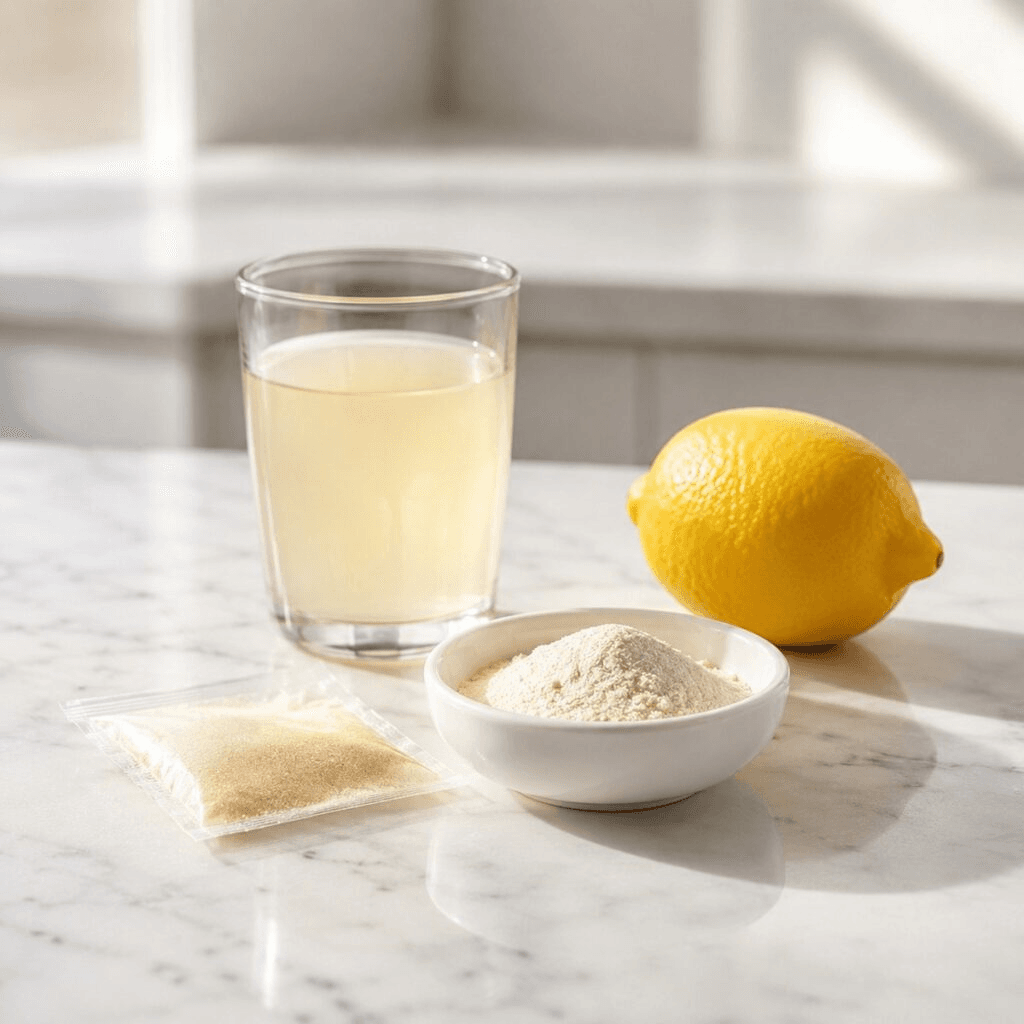 Ingredients for bariatric gelatin recipe including unflavored gelatin, protein powder, and lemon