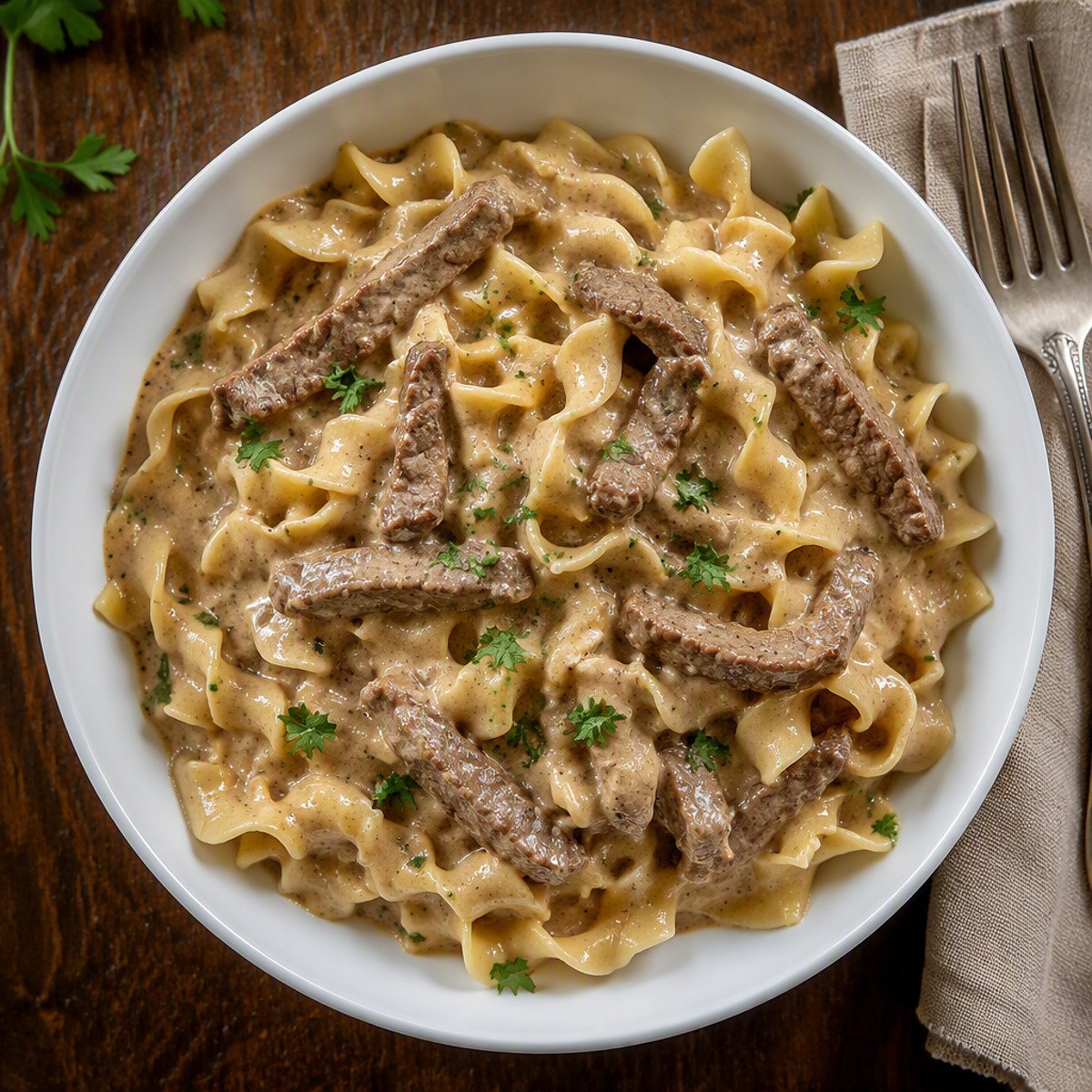 : Beef stroganoff with thin beef strips in creamy sauce over egg noodles, garnished with parsley