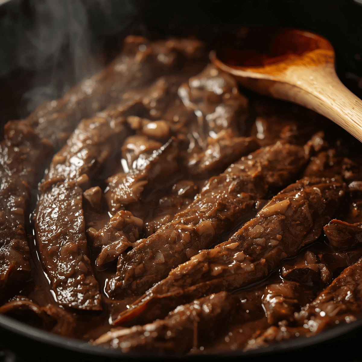 Searing beef strips for a beef stroganoff recipe in a hot skillet