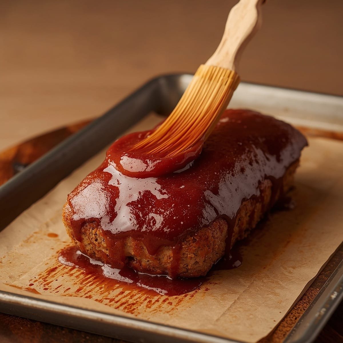 Brushing glaze over a baked meatloaf